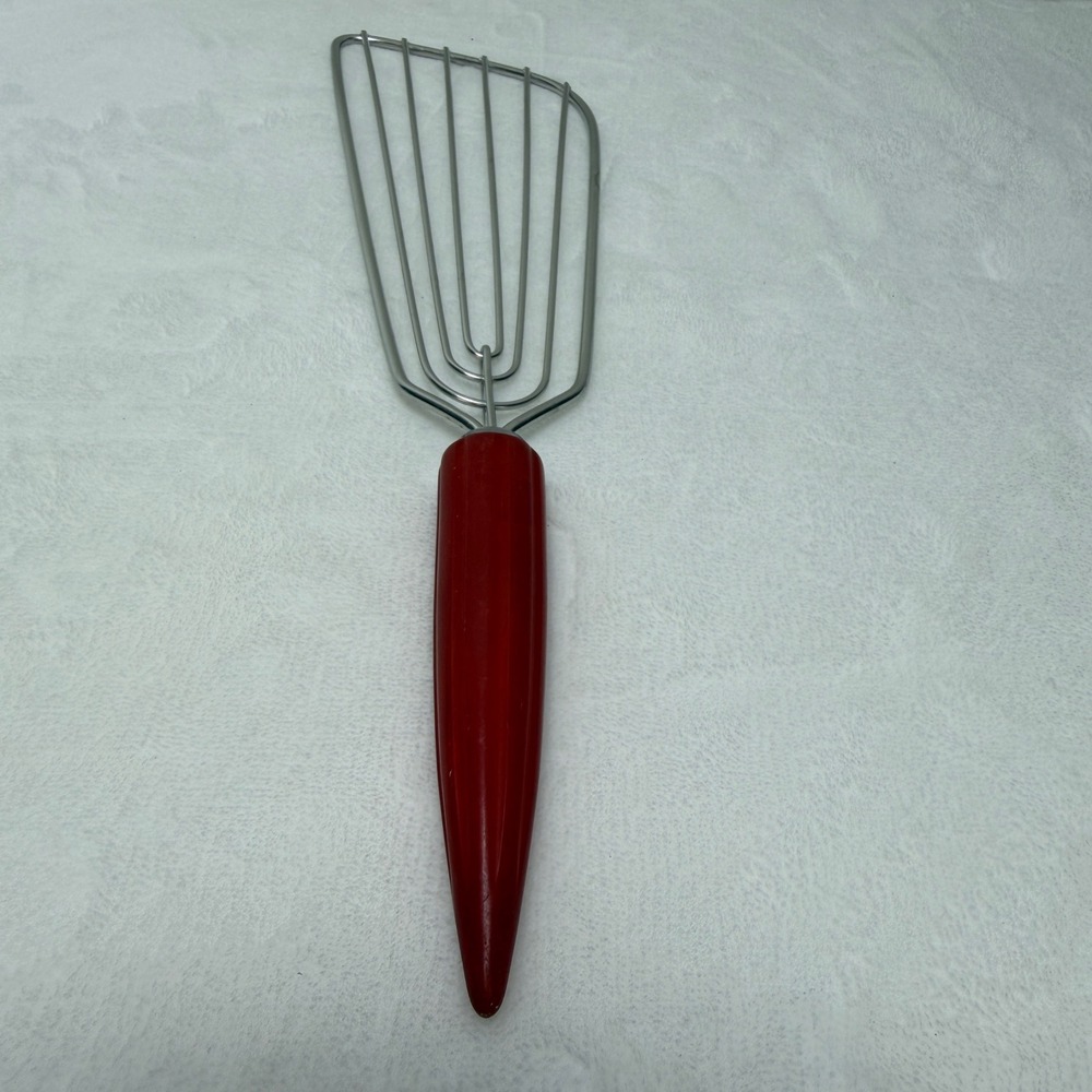 VTG Red Bakelite‎ Handle Potato Masher Stainless Steel Retro MCM Farmhouse